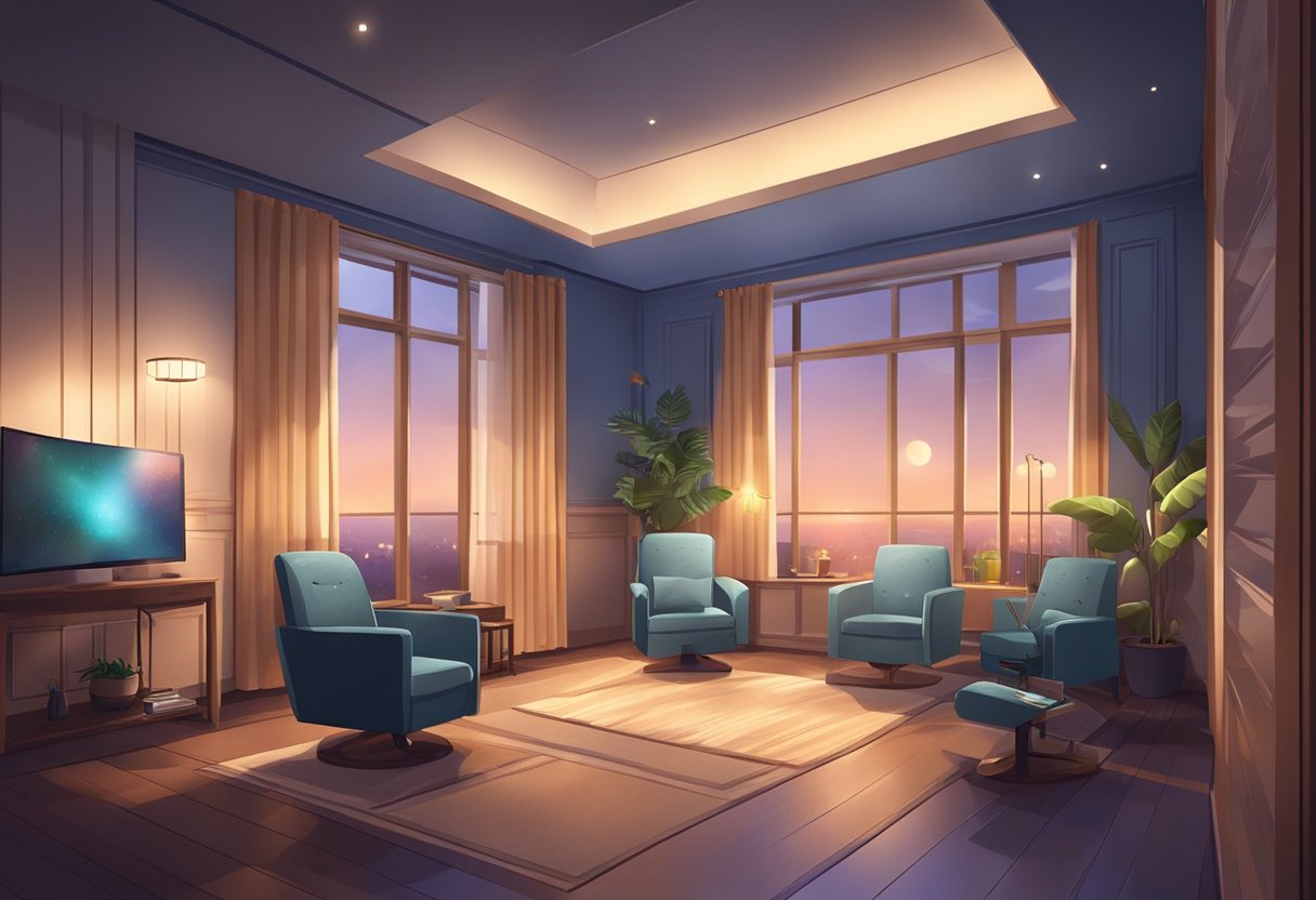 The room is dimly lit, with a comfortable treatment chair in the center. A soothing atmosphere is created with soft music playing in the background