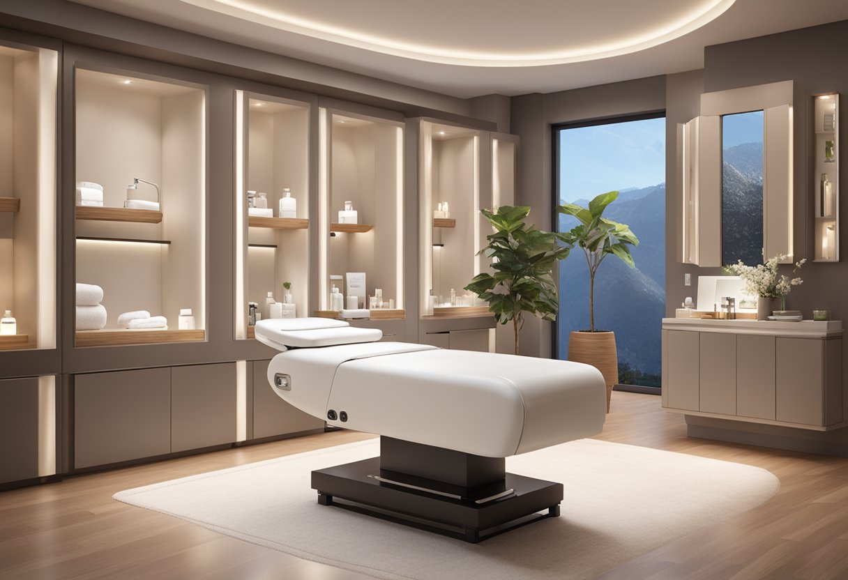 A serene, spa-like treatment room with a comfortable treatment bed and soft lighting. A Morpheus8 machine is visible, along with various skincare products and tools