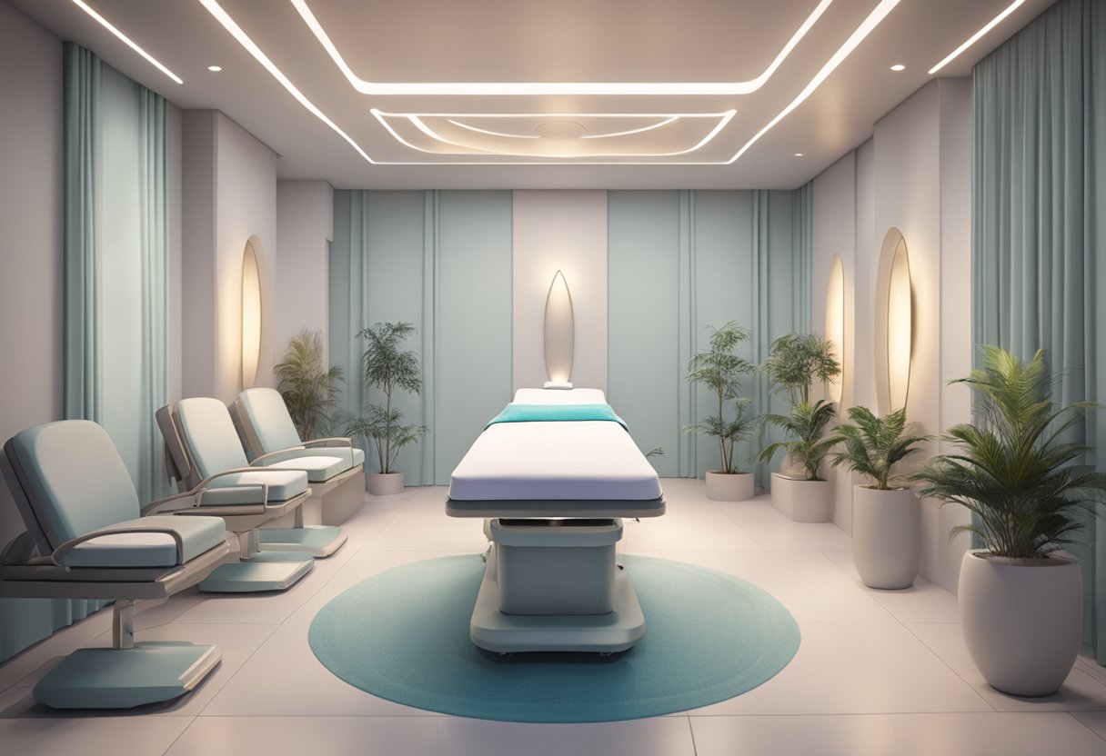 A serene spa room with a comfortable treatment bed, soft lighting, and medical equipment set up for Morpheus8 treatment