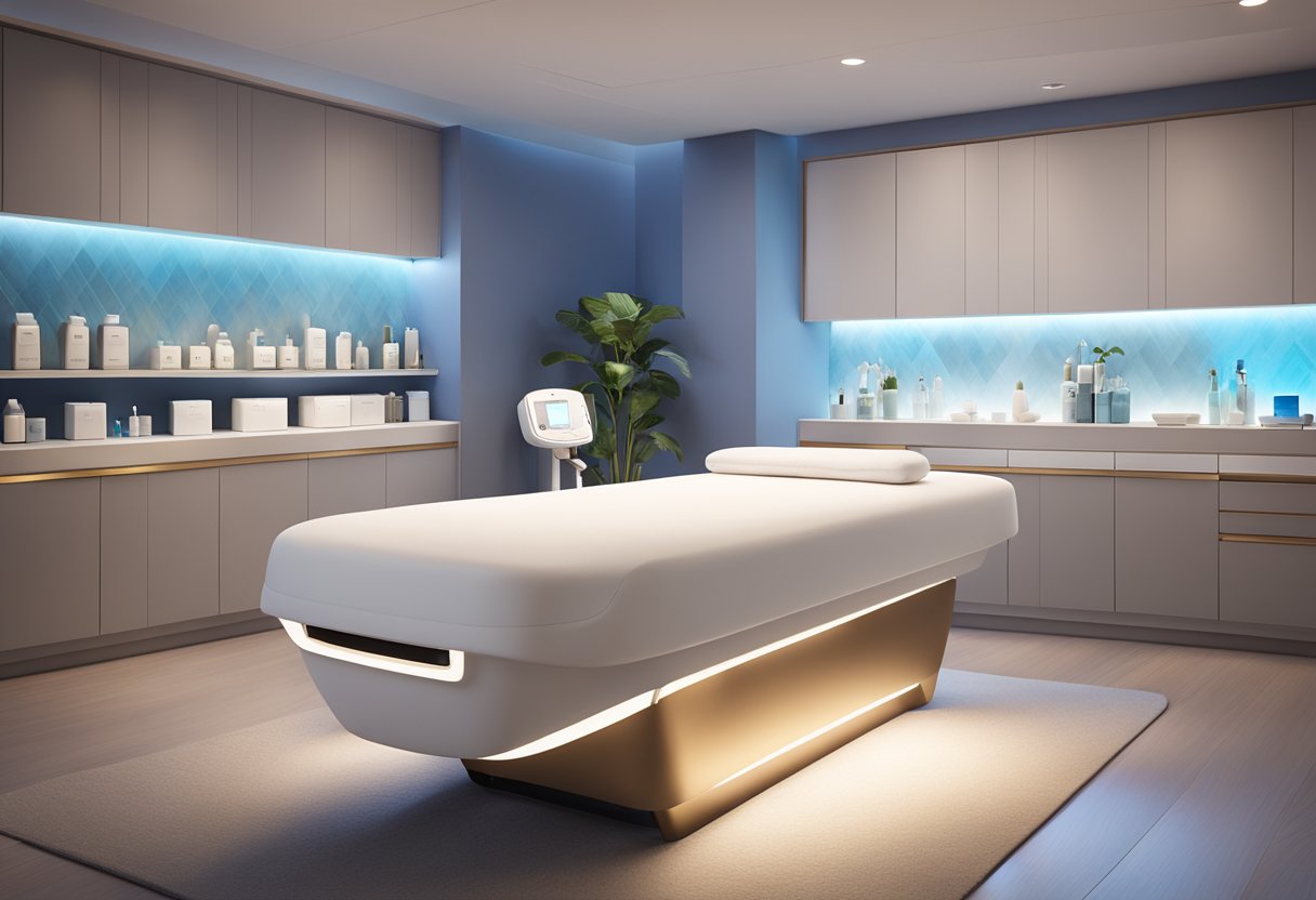 A serene, spa-like treatment room with a comfortable treatment bed and soft lighting, showcasing the Morpheus8 device and skincare products