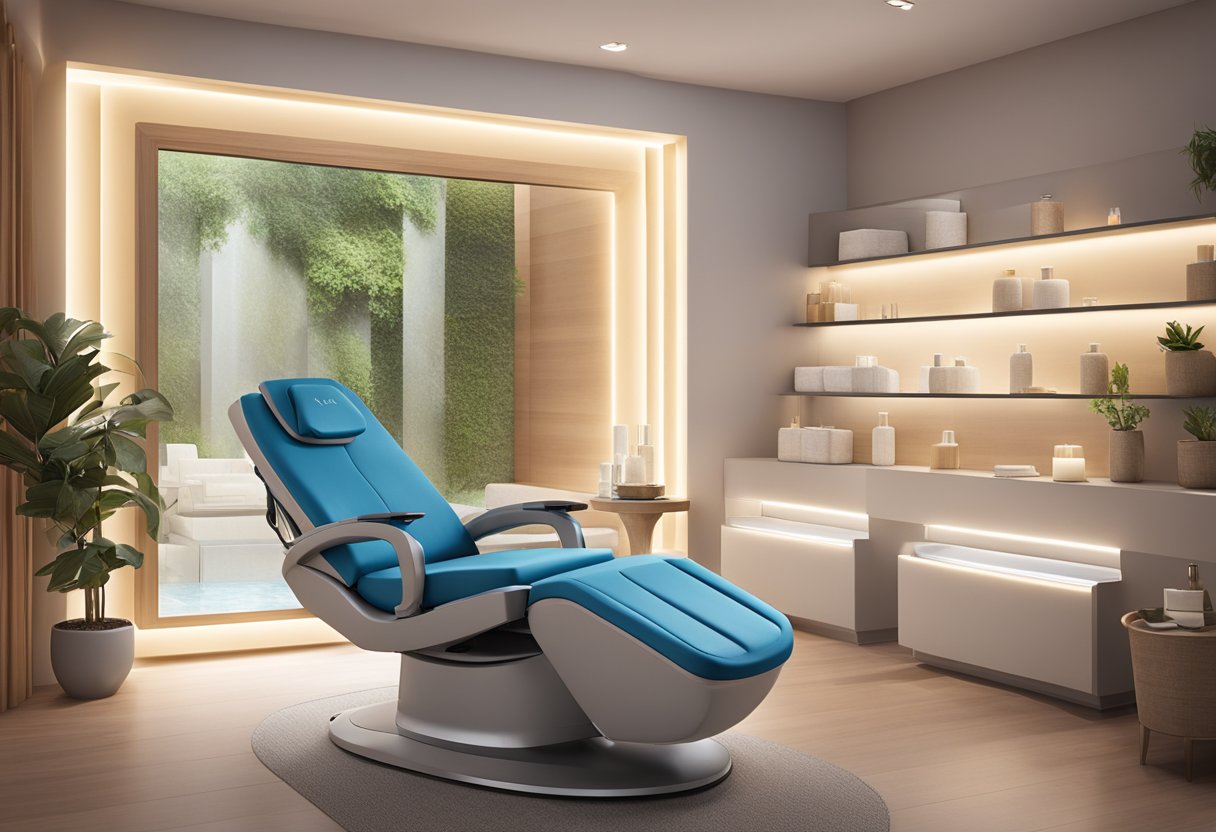 A serene spa room with a comfortable treatment chair, soft lighting, and a Morpheus8 machine ready for use