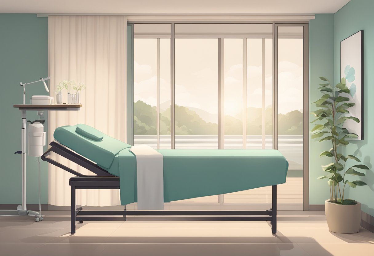 A serene, minimalist treatment room with a comfortable treatment bed, soft lighting, and medical equipment neatly arranged