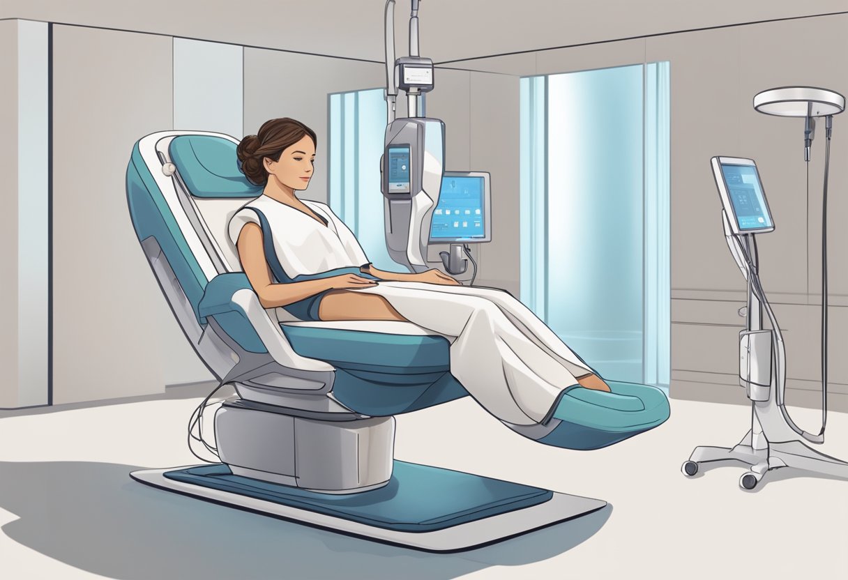 A serene, spa-like setting with a comfortable treatment chair and a technician preparing the Morpheus8 machine for a skin rejuvenation procedure