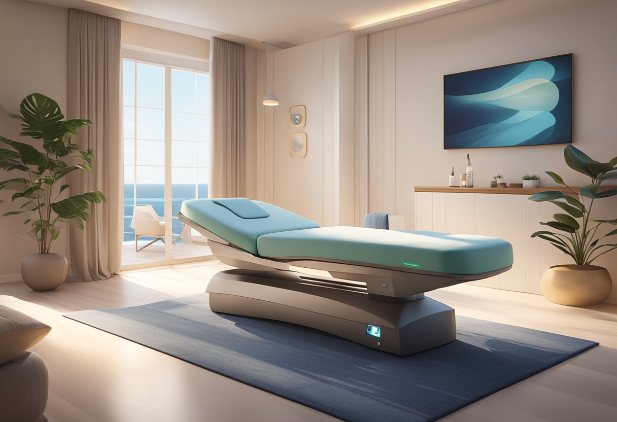 A serene, spa-like room with a comfortable treatment bed and soft lighting. A Morpheus8 machine is visible in the background, suggesting a professional and soothing environment