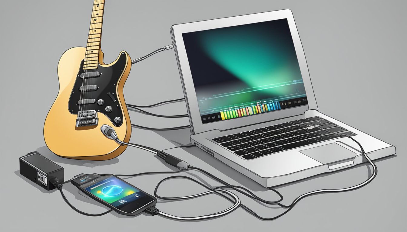 A guitar plugged into a computer through a USB cable, with the computer screen displaying music software open and ready for use