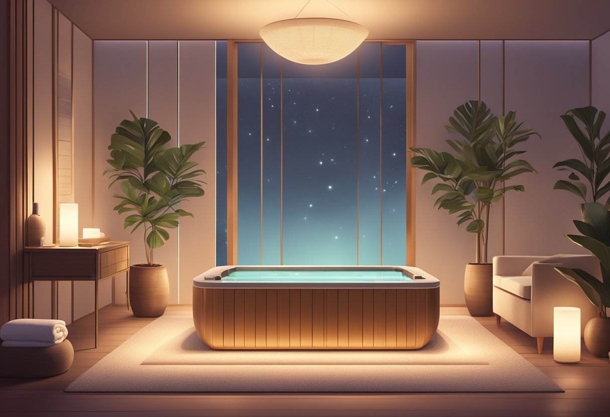 A serene spa room with a comfortable treatment bed, soft lighting, and soothing music playing in the background