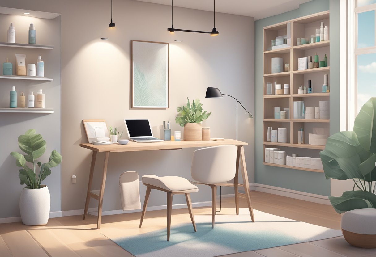 A serene, well-lit consultation room with a comfortable chair and a table holding skincare products and informational materials