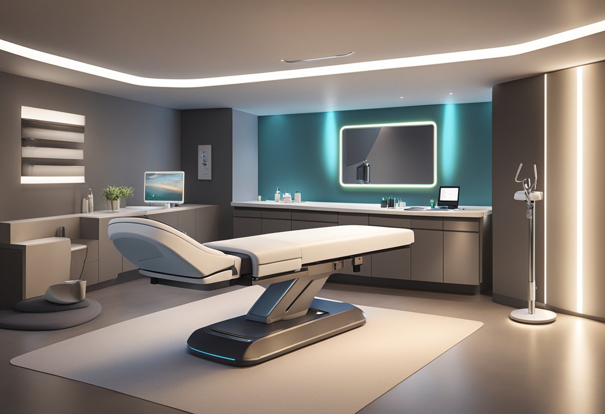 A serene spa room with dim lighting, a comfortable treatment table, and a professional setting up the Morpheus8 device for a procedure