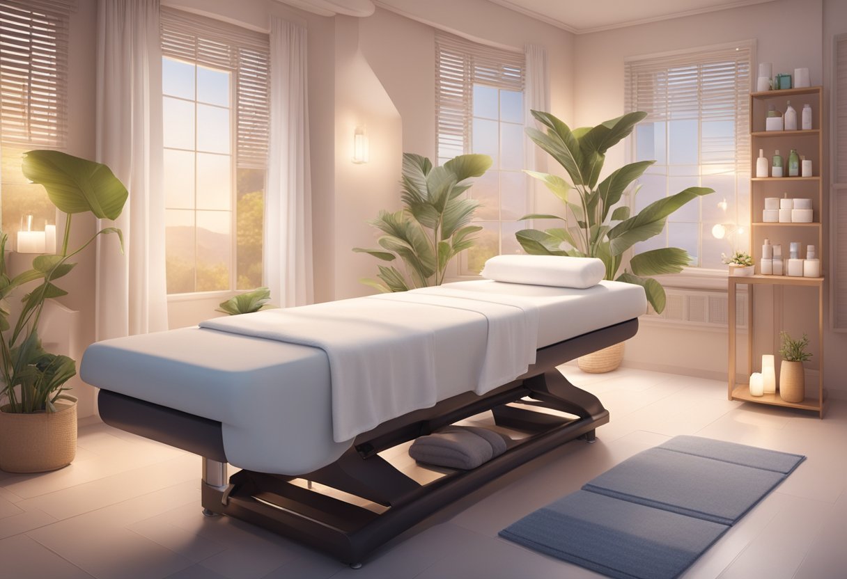 A serene spa room with a comfortable treatment bed, soft lighting, and calming decor. A skincare machine and various products are neatly arranged on a nearby table