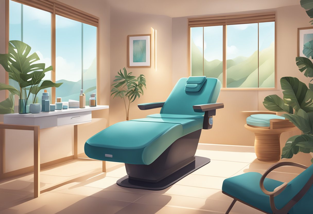 A serene spa room with soft lighting, a comfortable treatment chair, and a professional skincare workstation