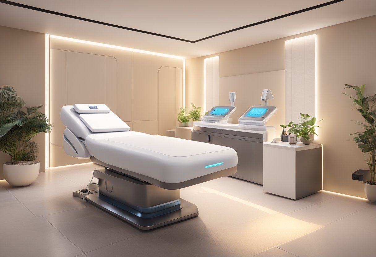 A serene spa room with a comfortable treatment bed, soft lighting, and a professional skincare machine ready for Morpheus8 treatment