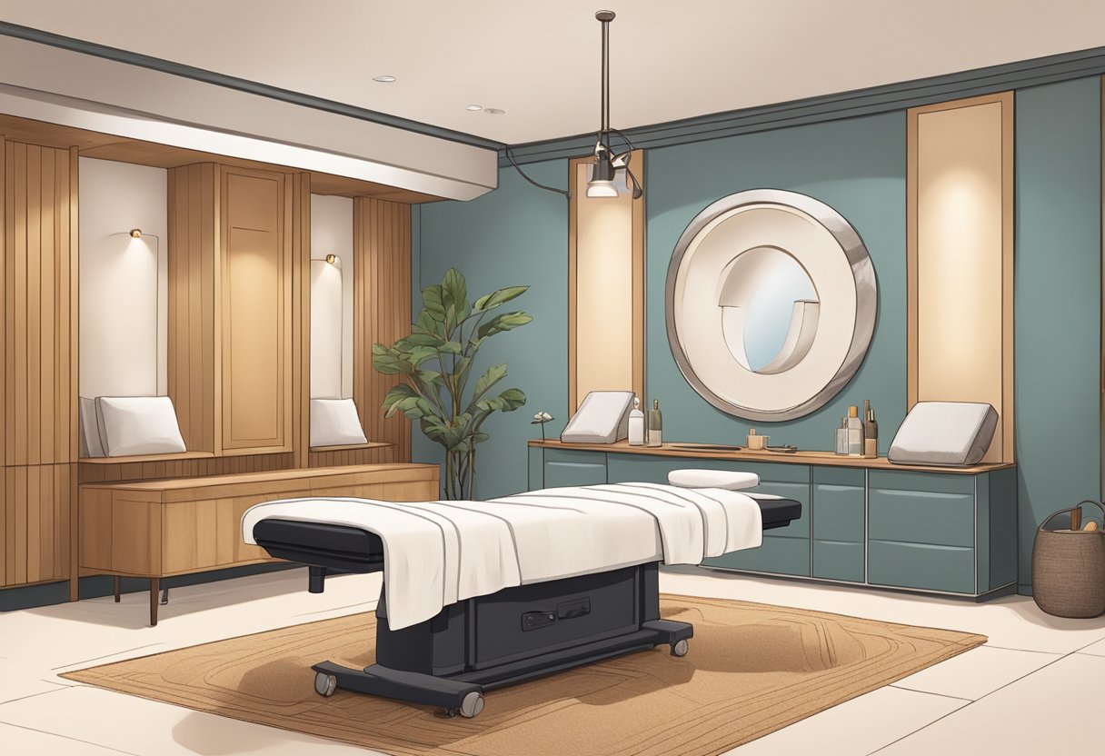 A serene spa room with a comfortable treatment table, soft lighting, and calming decor. A technician prepares equipment for a Morpheus8 treatment