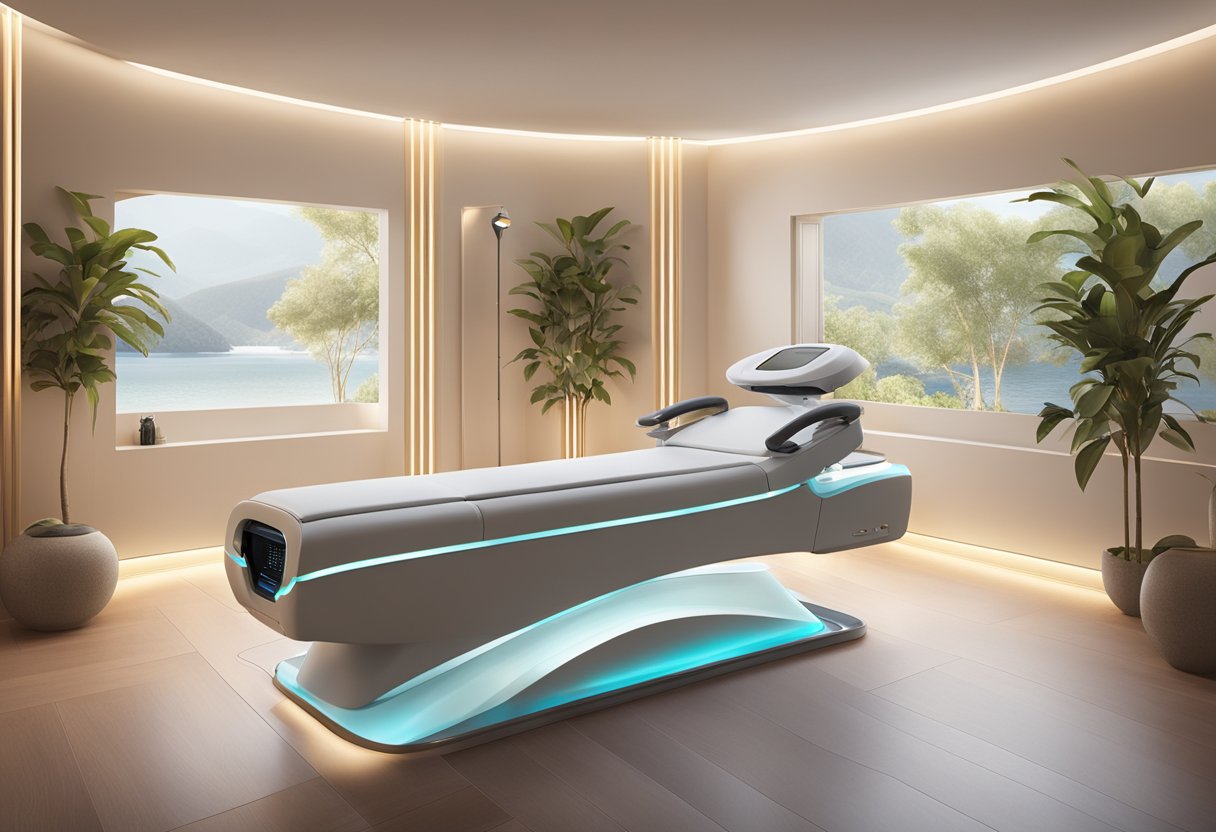 A serene spa room with a Morpheus8 machine on one side and a laser treatment device on the other, surrounded by calming decor and soft lighting