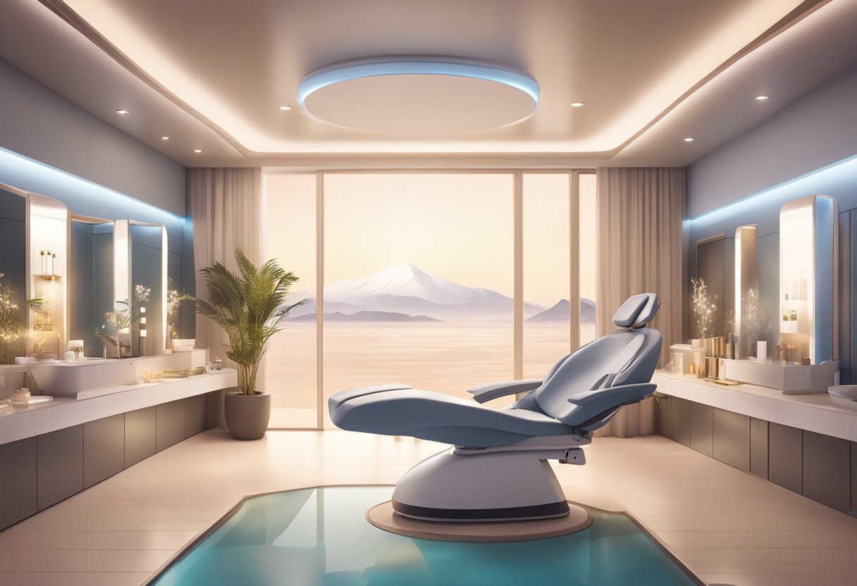 A serene spa room with a comfortable treatment chair, soft lighting, and advanced skincare machines like Morpheus8 and laser devices