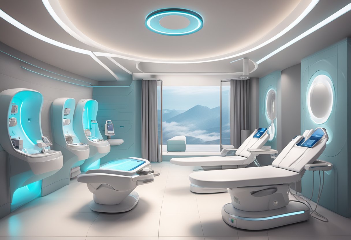 A serene spa room with futuristic medical equipment and advanced skincare devices, showcasing the contrast between Morpheus8 and laser treatments for long-term effects and maintenance