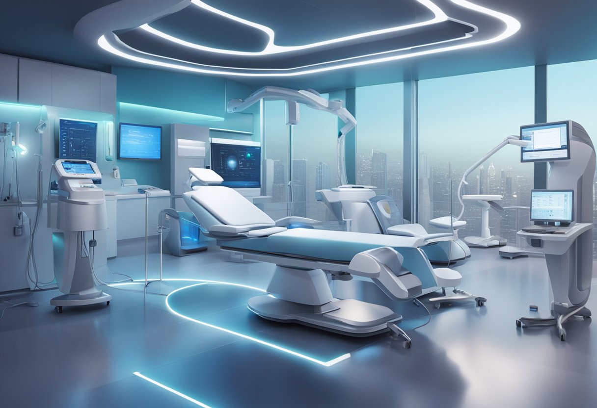 A serene, futuristic clinic setting with advanced medical equipment and technology, showcasing the contrast between Morpheus8 and laser treatment procedures