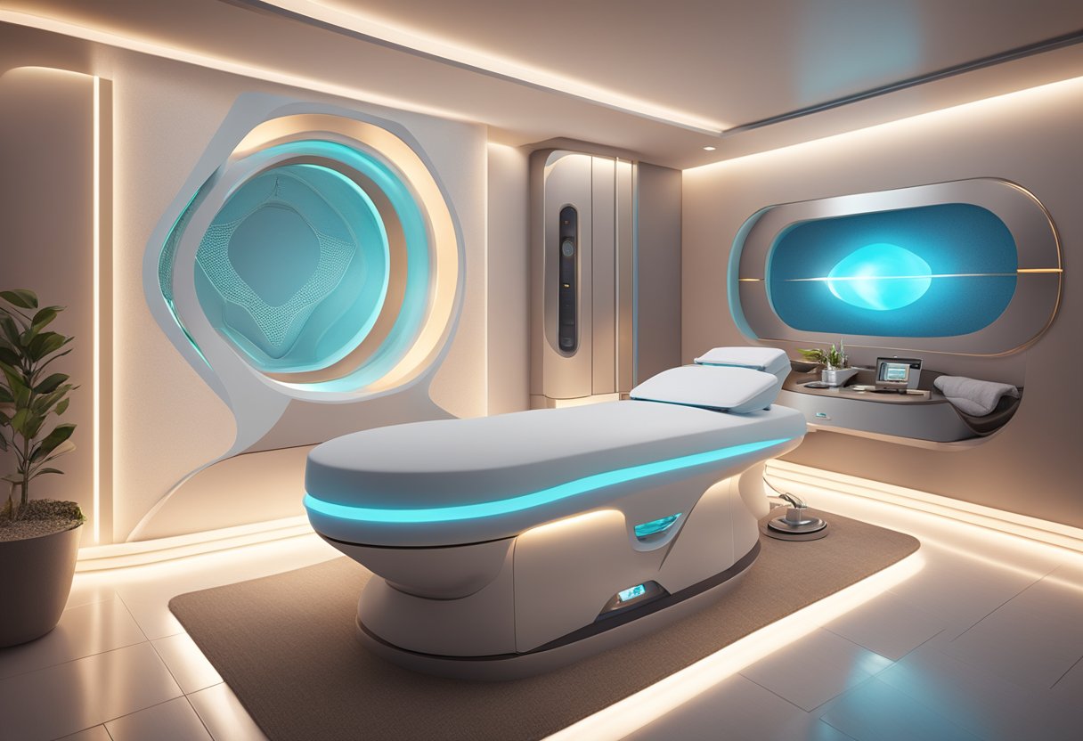 A serene spa room with a futuristic Morpheus8 machine on one side and a sleek laser treatment device on the other, surrounded by calming decor and soft lighting