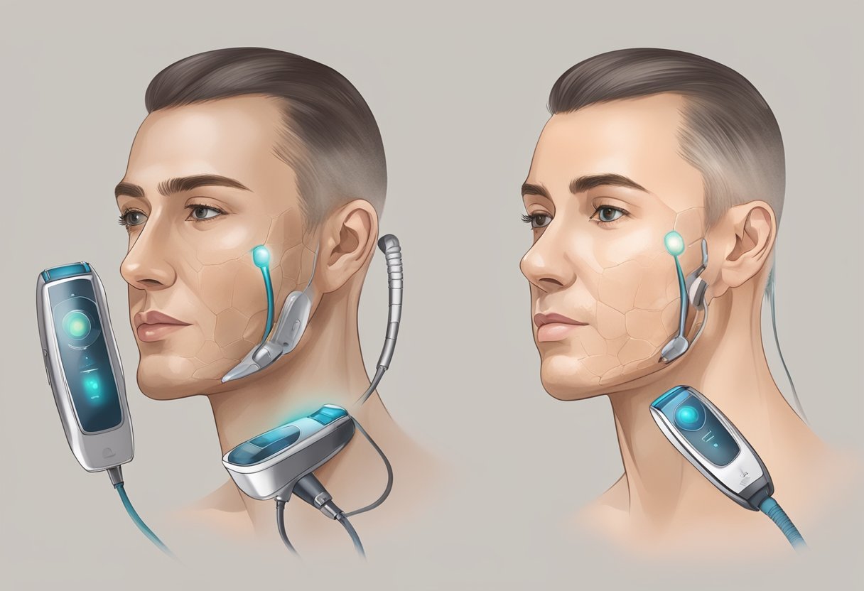 A dermatologist using Morpheus8 device on a scarred skin, with the treatment process depicted in detail