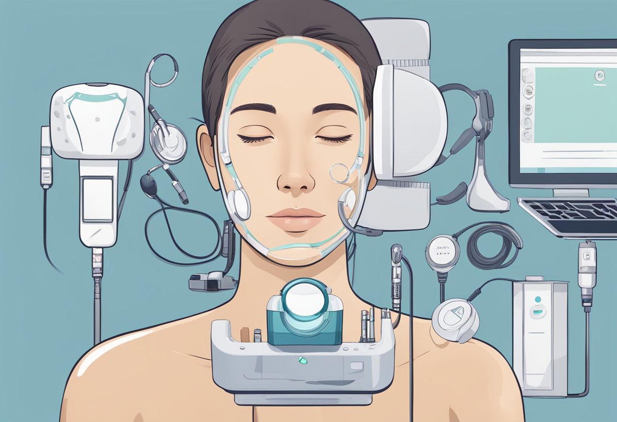 A serene, unblemished face with visible acne scars beside a Morpheus8 device, surrounded by medical equipment and a professional setting