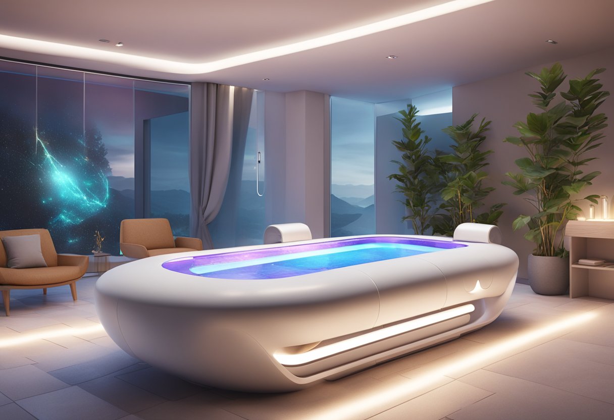 A serene spa-like setting with a futuristic-looking Morpheus8 device surrounded by soft lighting and calming decor