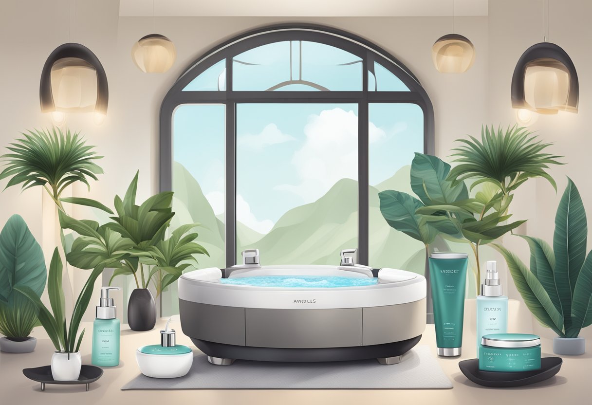 A serene spa setting with a Morpheus8 machine surrounded by skincare products and soothing decor