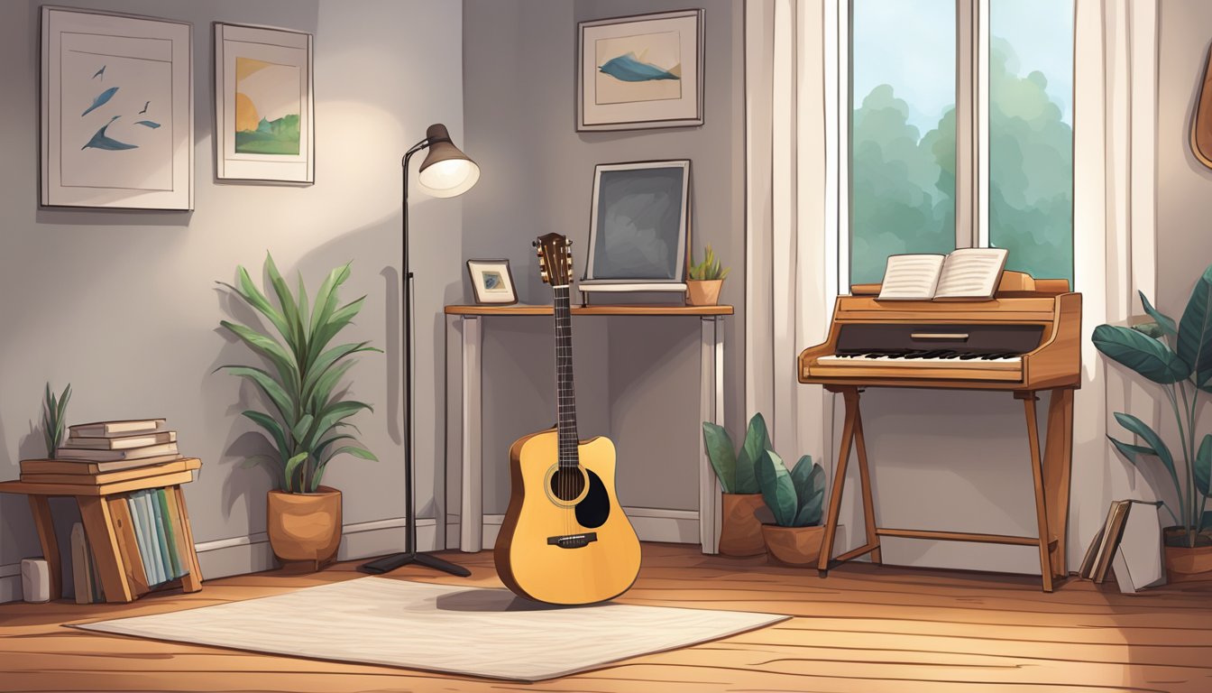 A cozy corner with a beginner-friendly acoustic guitar, a music stand, and a metronome on a wooden floor