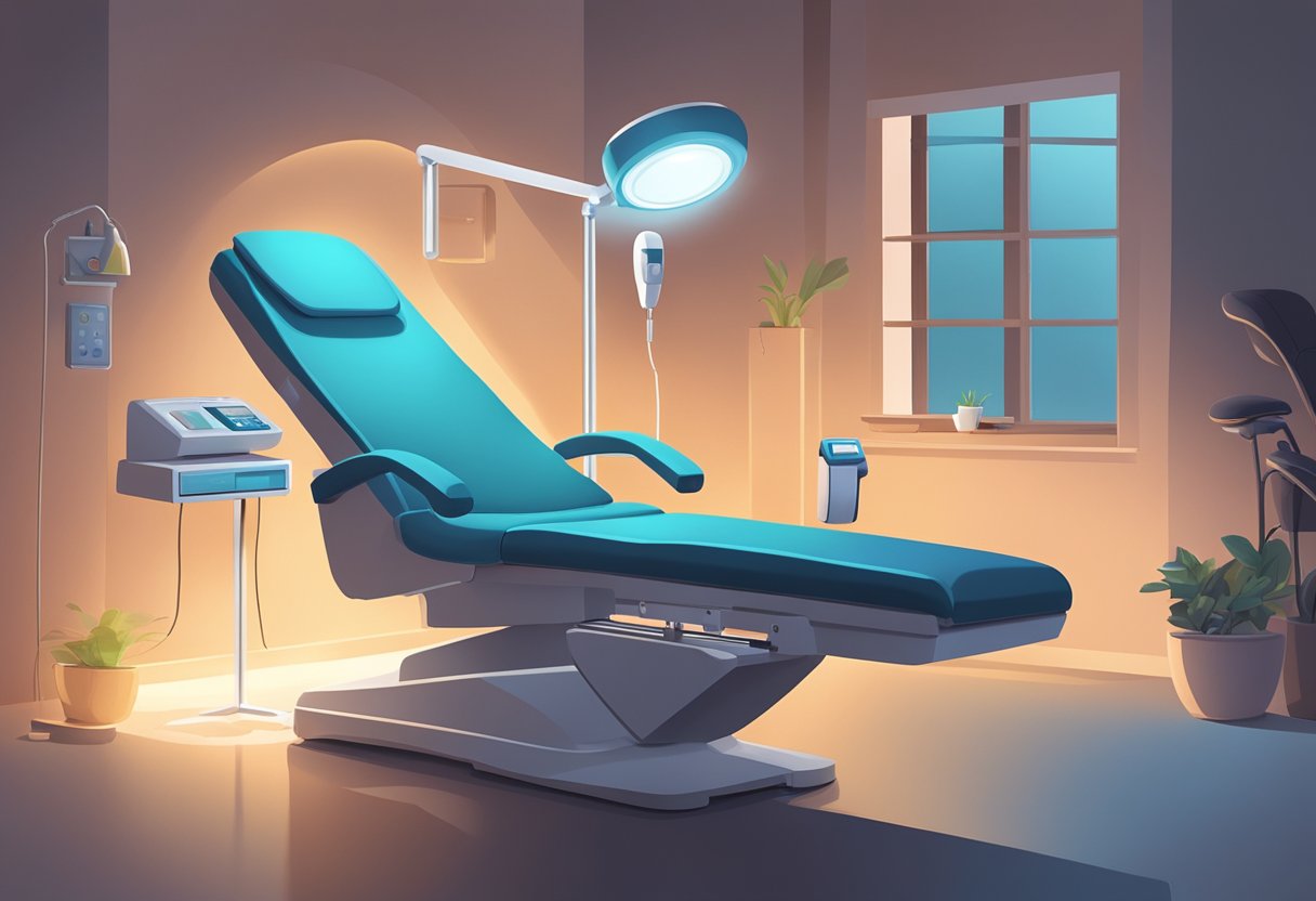 A serene, dimly lit treatment room with a reclined chair and a medical device emitting a warm glow on a table