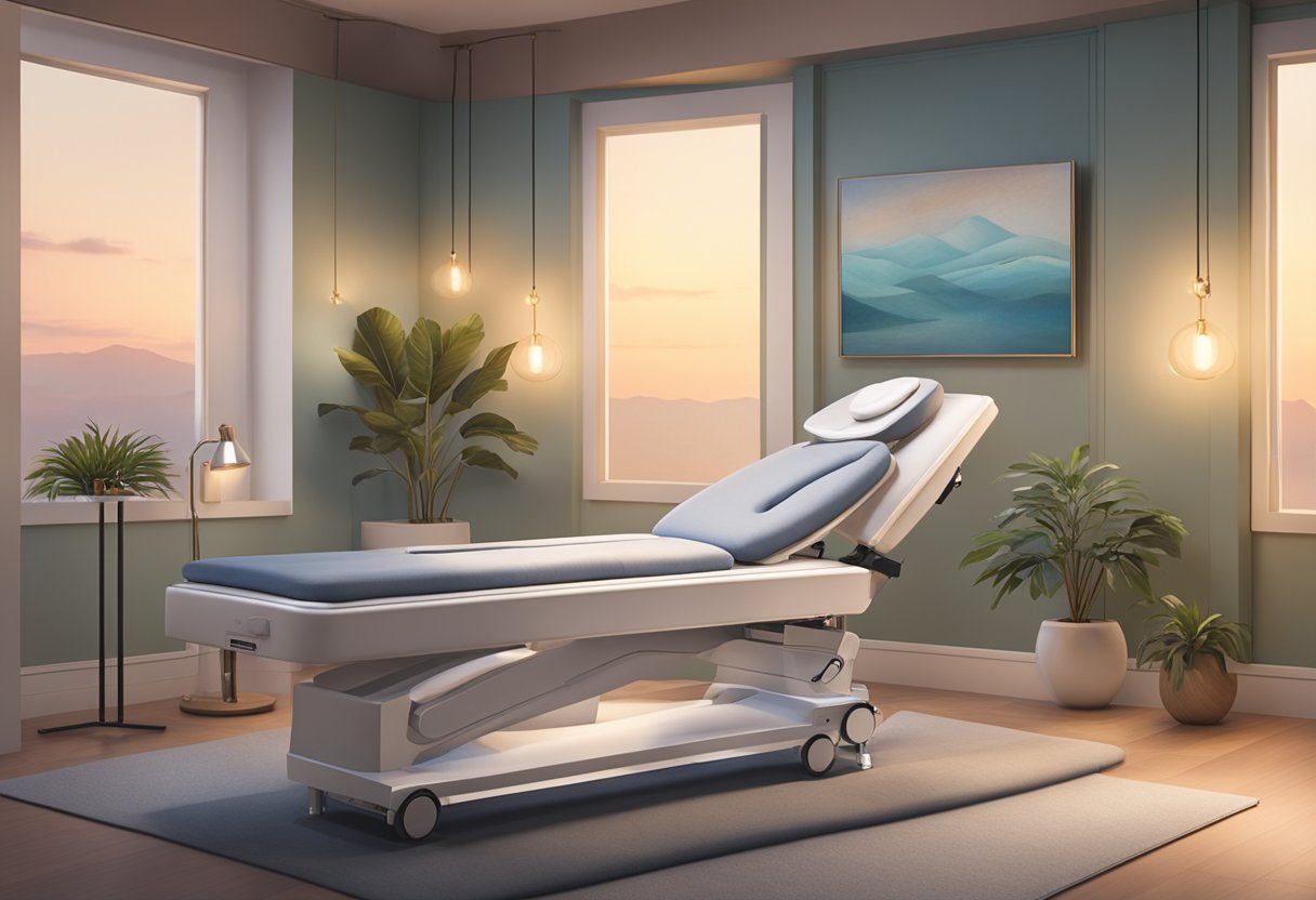 A serene and comfortable spa-like setting with soft lighting and a patient reclined on a plush treatment bed, receiving a Morpheus8 treatment from a professional