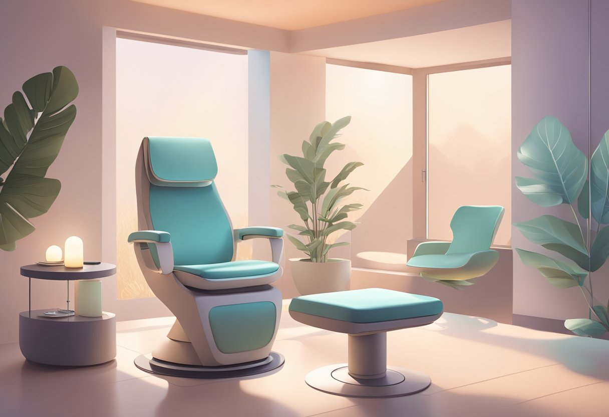 A serene, spa-like room with a reclining treatment chair, soft lighting, and a calming color palette. A futuristic device with small, precise needles is positioned nearby