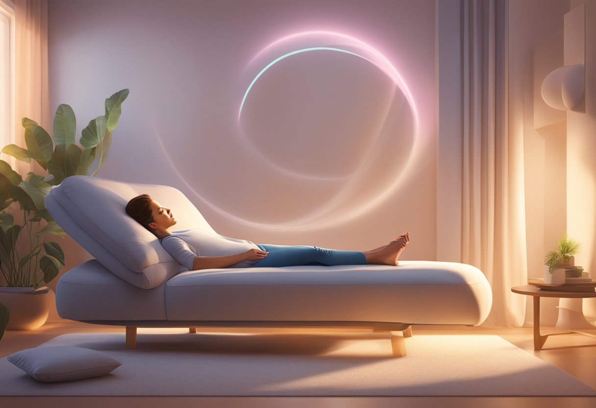 A serene figure reclines on a cushioned surface, bathed in soft, warm light. A device emitting gentle energy hovers above, surrounded by a soothing aura