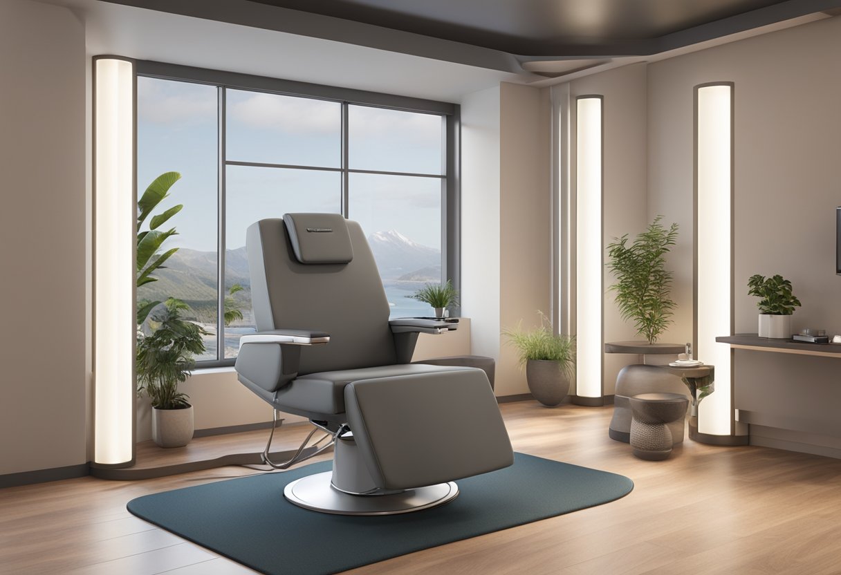 A serene and modern treatment room with a comfortable treatment chair, soft lighting, and a state-of-the-art Morpheus8 machine ready for use