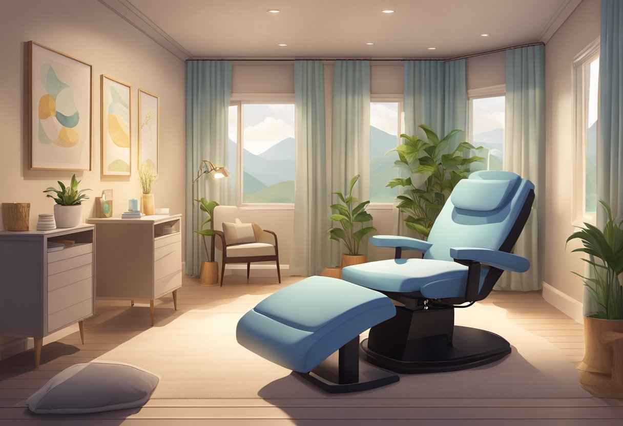 A serene and comfortable treatment room with a reclining chair, soft lighting, and soothing decor