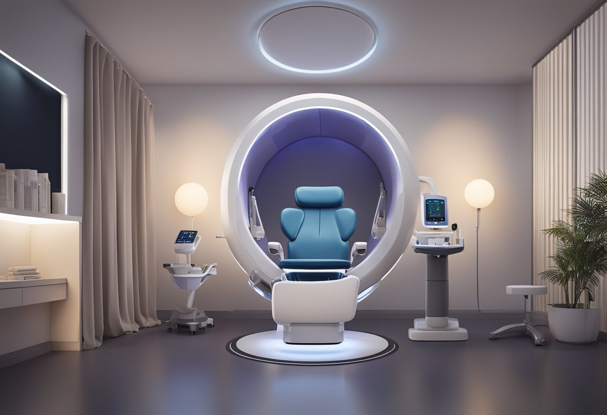 A serene, dimly lit treatment room with a comfortable treatment chair and a Morpheus8 machine ready for use