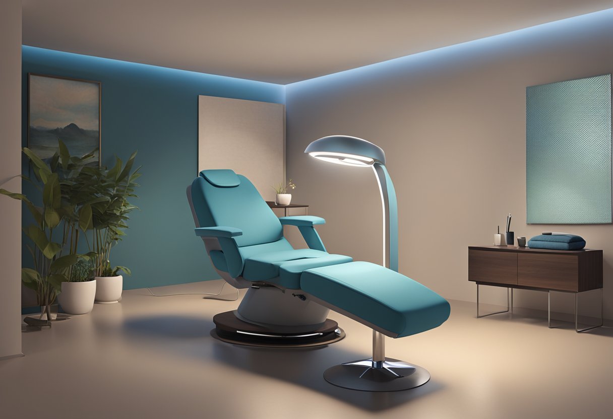 A serene, dimly lit treatment room with a comfortable reclining chair and a soothing atmosphere. A Morpheus8 device is positioned nearby, ready for use