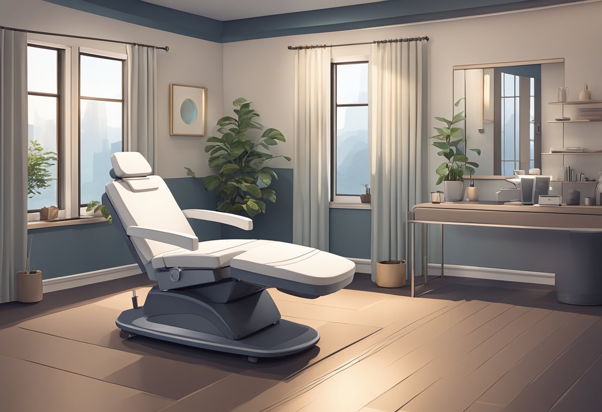 A serene, dimly lit treatment room with a comfortable treatment chair, soothing decor, and a Morpheus8 device ready for use