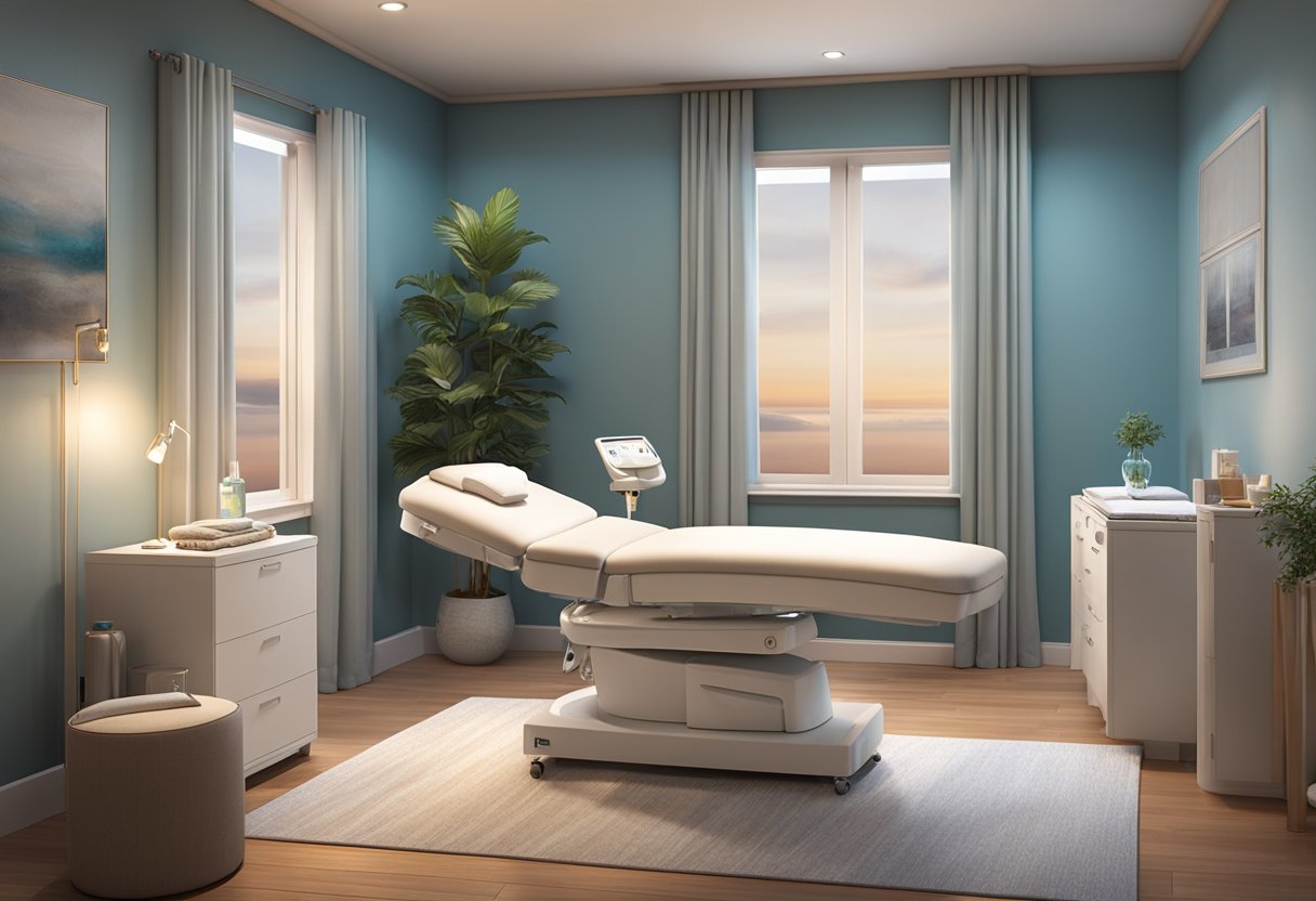 A serene and comfortable treatment room with soft lighting, a cozy treatment bed, and soothing decor, creating a calming and peaceful atmosphere for the Morpheus8 procedure