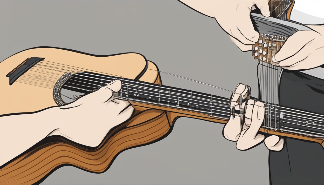 A 12-string guitar being carefully tuned with a tuner, as the musician adjusts the tension of each string to achieve perfect harmony