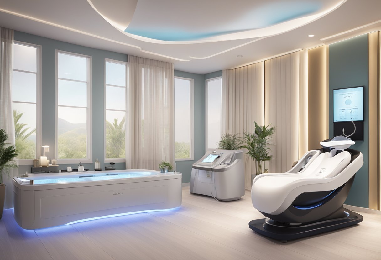 A serene spa setting with a Morpheus8 machine and skin tightening equipment, creating a tranquil and rejuvenating atmosphere