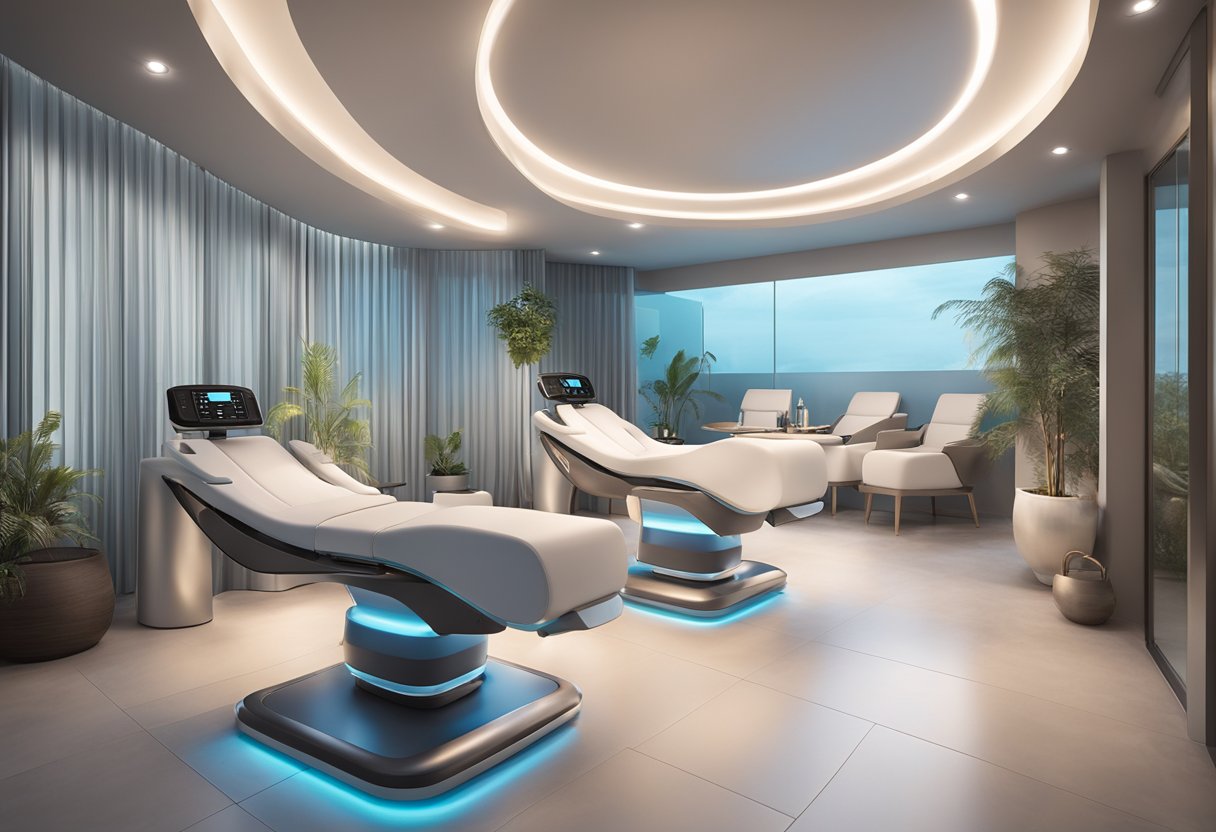 A serene and modern spa setting with soft lighting, comfortable treatment chairs, and a Morpheus8 machine for non-invasive skin tightening procedures