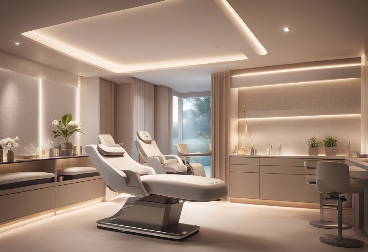 A serene and modern spa setting with soft lighting and comfortable treatment chairs. A professional technician is using Morpheus8 equipment on a client's skin, creating a youthful and rejuvenated appearance