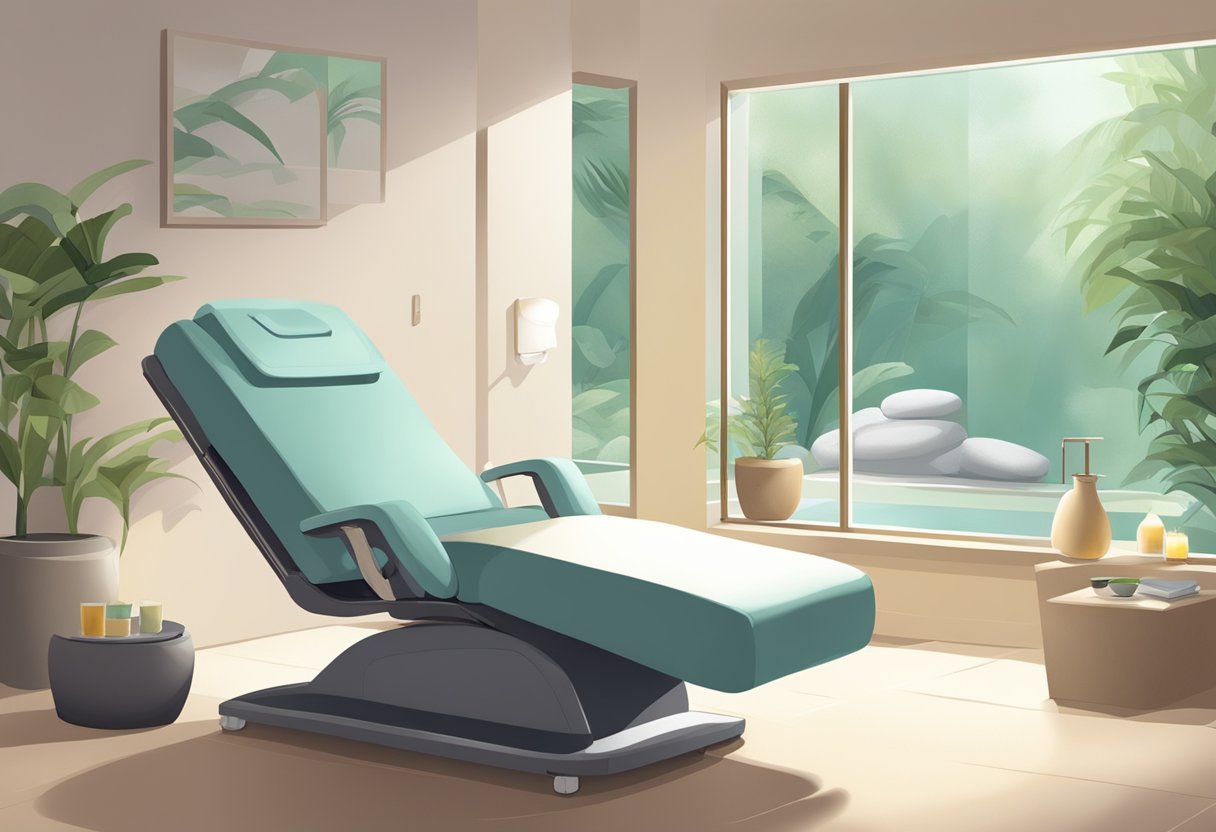 A serene spa room with a reclining treatment chair, medical equipment, and soothing decor