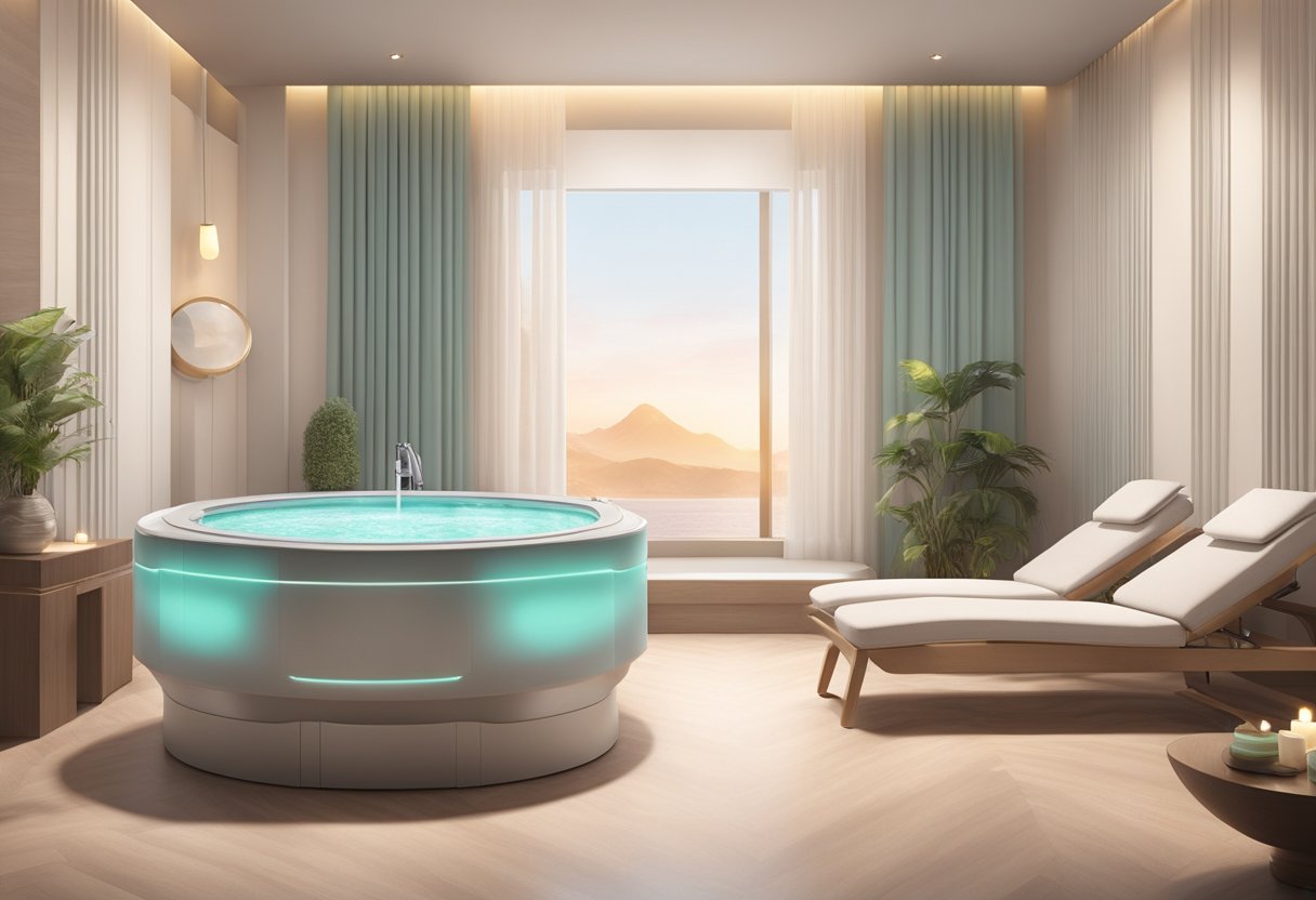 A serene spa room with a Morpheus8 machine emitting gentle radiofrequency waves, surrounded by soft lighting and soothing decor