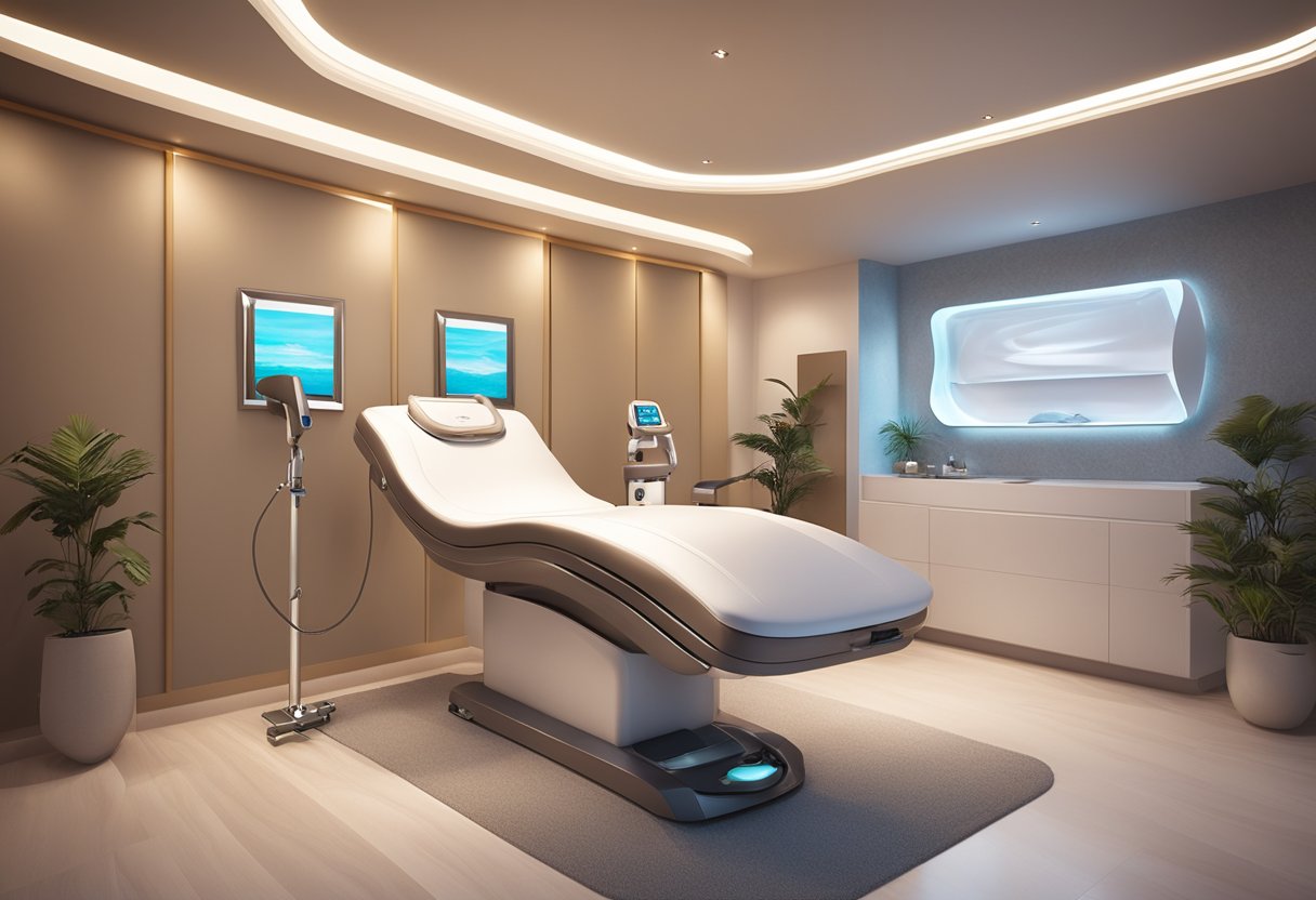 A serene spa room with soft lighting and a comfortable treatment bed. A Morpheus8 machine and skin tightening equipment are set up, creating a peaceful and rejuvenating atmosphere