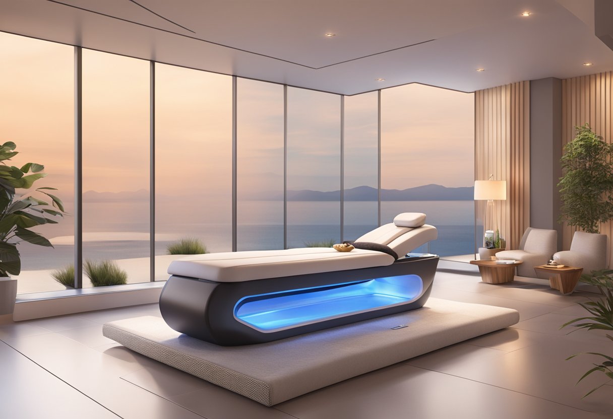 A serene and modern spa setting with a Morpheus8 machine and a client reclining comfortably, surrounded by soft lighting and soothing decor