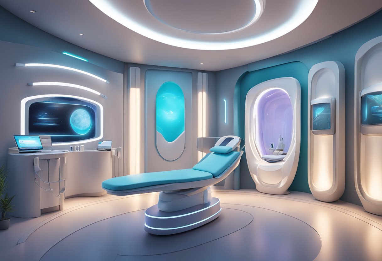 A serene, futuristic clinic with Morpheus8 and skin tightening machines, soft lighting, and modern decor