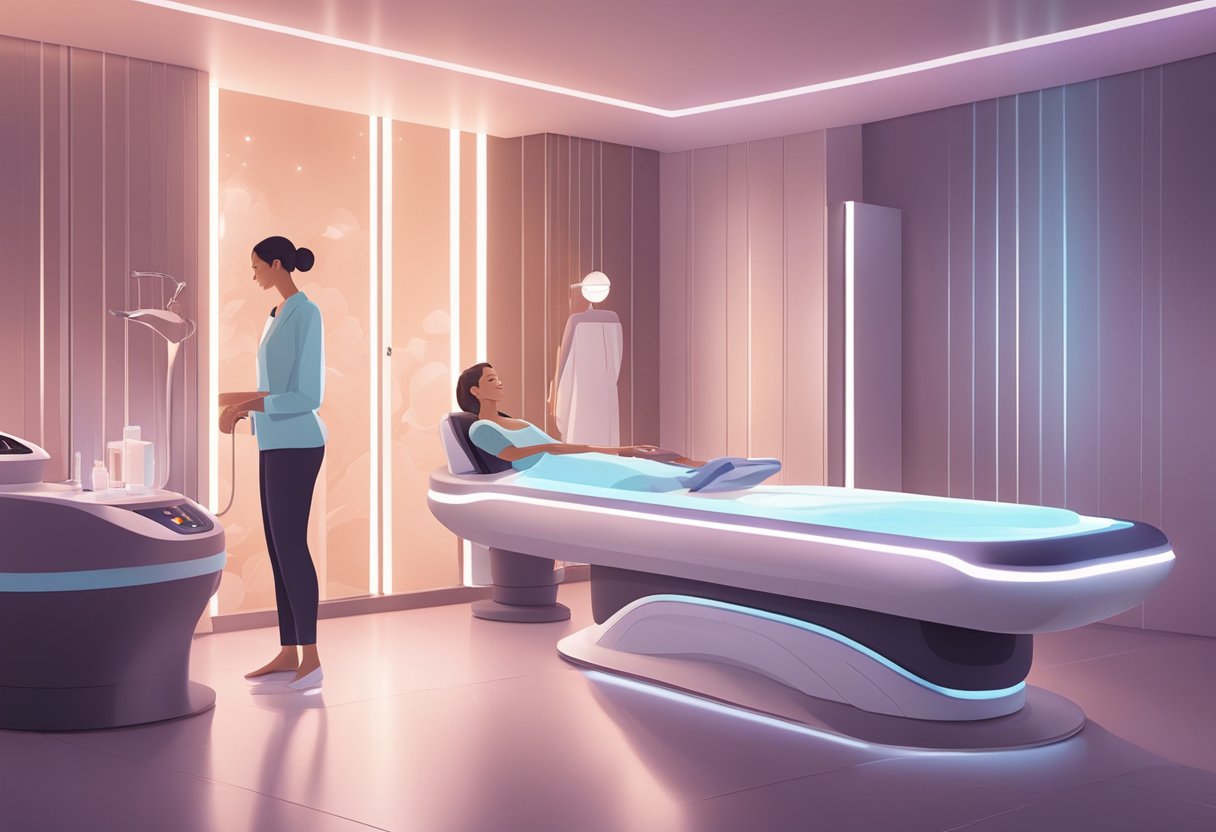 A serene spa room with a futuristic Morpheus8 machine and a client receiving a skin tightening treatment, surrounded by calming colors and soft lighting