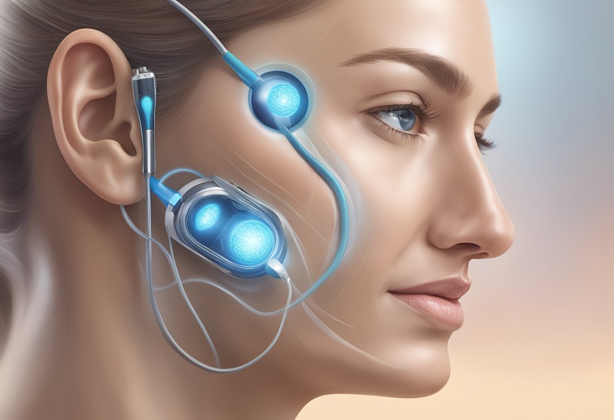 A close-up of a Morpheus8 device emitting radiofrequency energy into the surface of the skin on the face and neck, surrounded by a serene and clinical environment