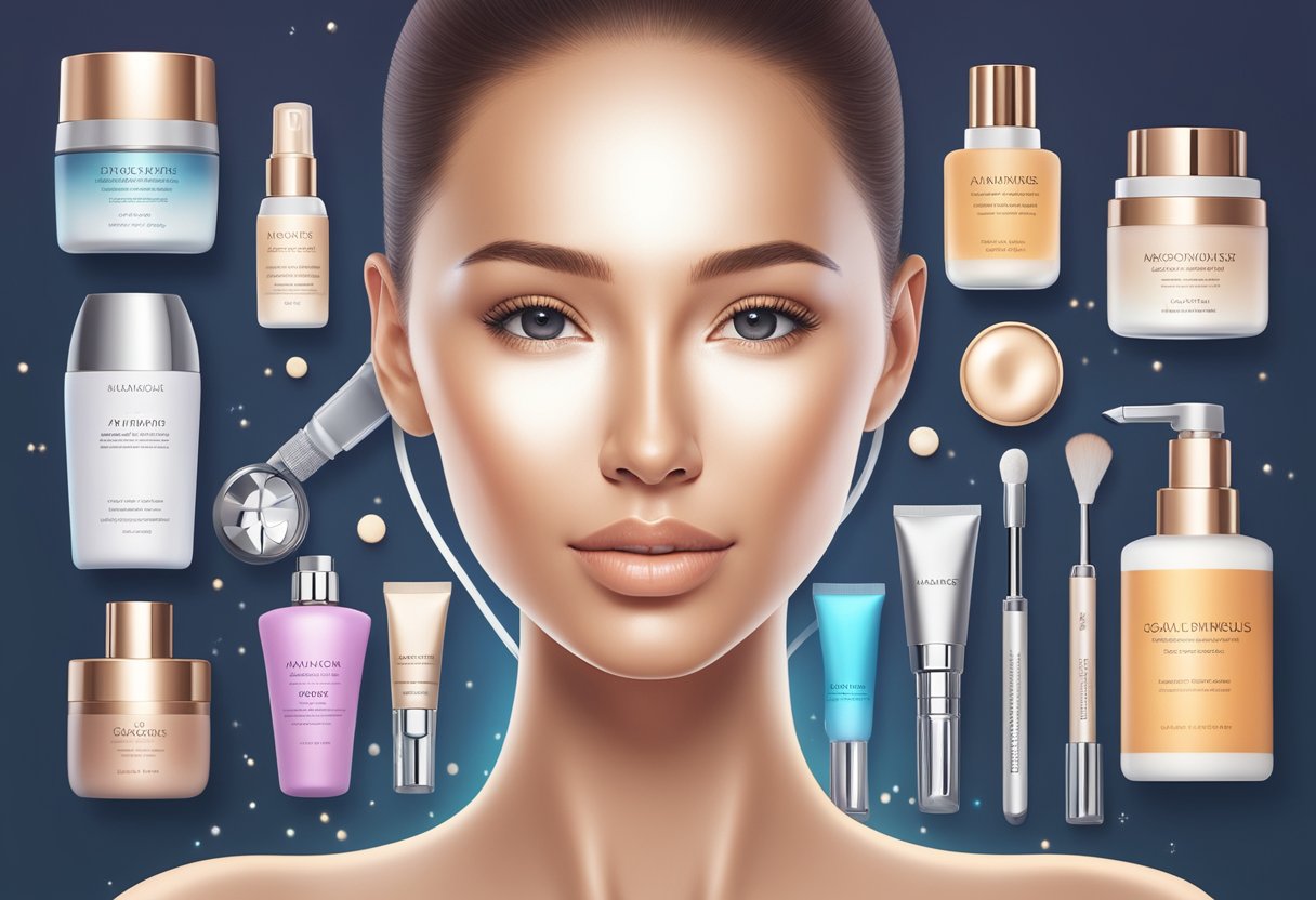 A glowing, youthful face and neck surrounded by various skincare tools and products, with Morpheus8 standing out as the most advanced and effective option