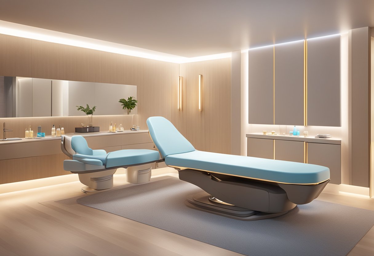 A serene spa room with a comfortable treatment bed, soft lighting, and a Morpheus8 device gently rejuvenating the face and neck