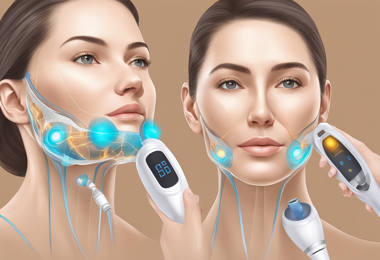 A close-up illustration of a face and neck undergoing Morpheus8 treatment, with radiofrequency energy penetrating the skin layers, stimulating collagen production, and tightening the tissues